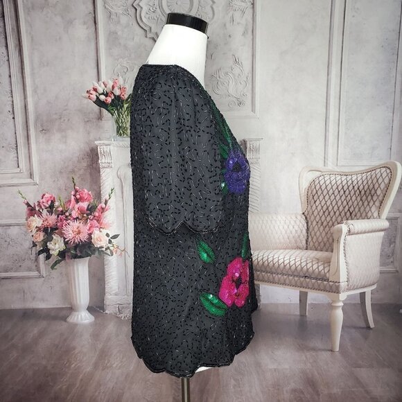 LAWRENCE Kazar 100% Pure Silk Black Lined Sequins Beads Party Blouse Size Medium - Picture 6 of 9